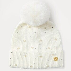 Lilly Pulitzer Embellished Hat Pom-Pom Beanie Faux Fur Knit White Coconut New